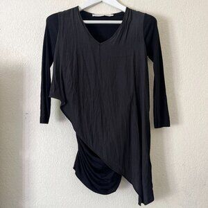 Lola & Sophie Women 3/4 Ribbed Sleeve V-Neck Drape Asymmetric Tunic Top XS Black